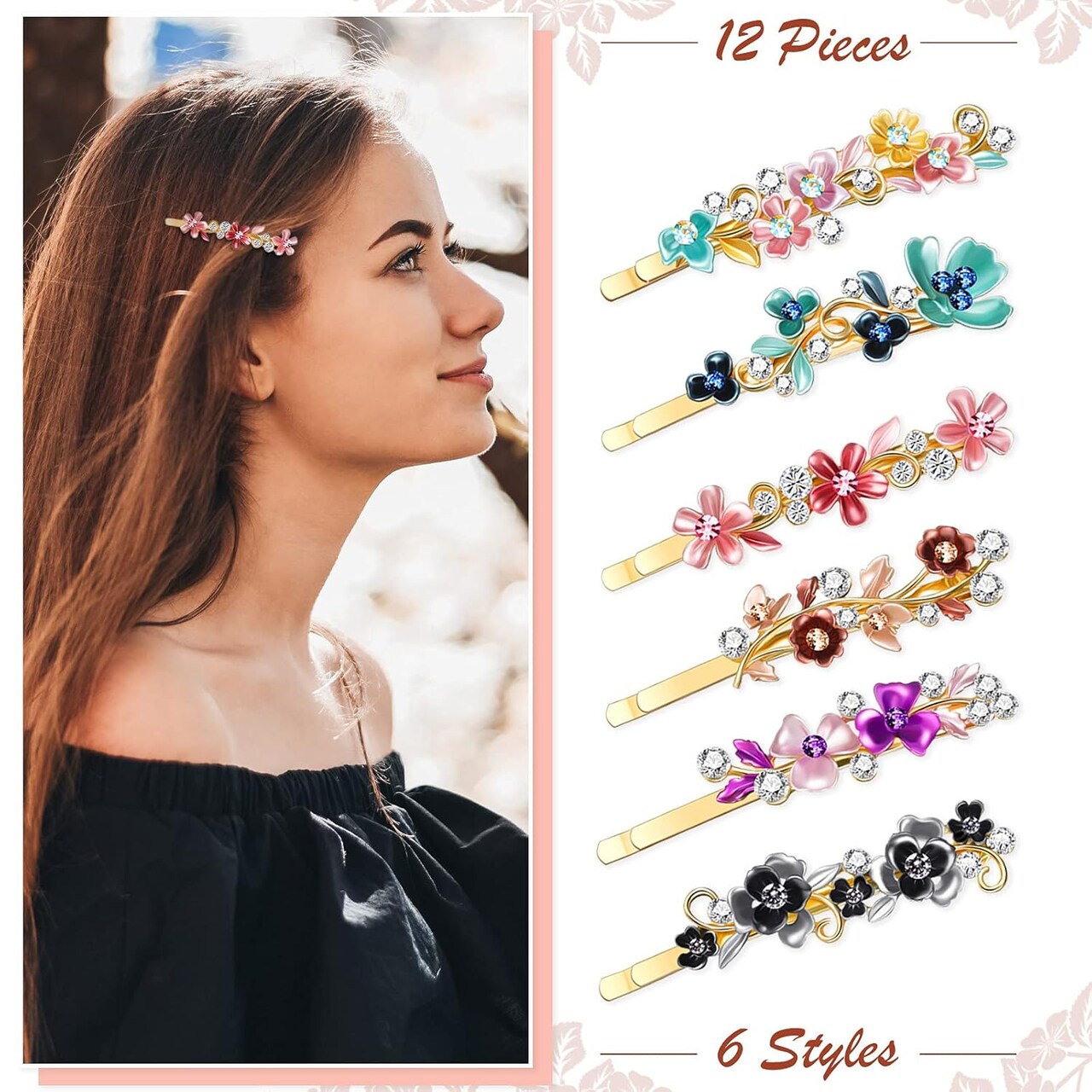 12 Pieces Vintage Flower Barrette Bobby Pins Decorative Metal Gold Tone Hairpins Rhinestone Decorative Accessories